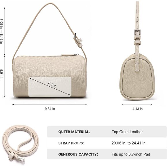 Women White Small Barrel Shoulder Hobo Handbag Genuine Leather Crossbody Purses - Picture 3 of 7